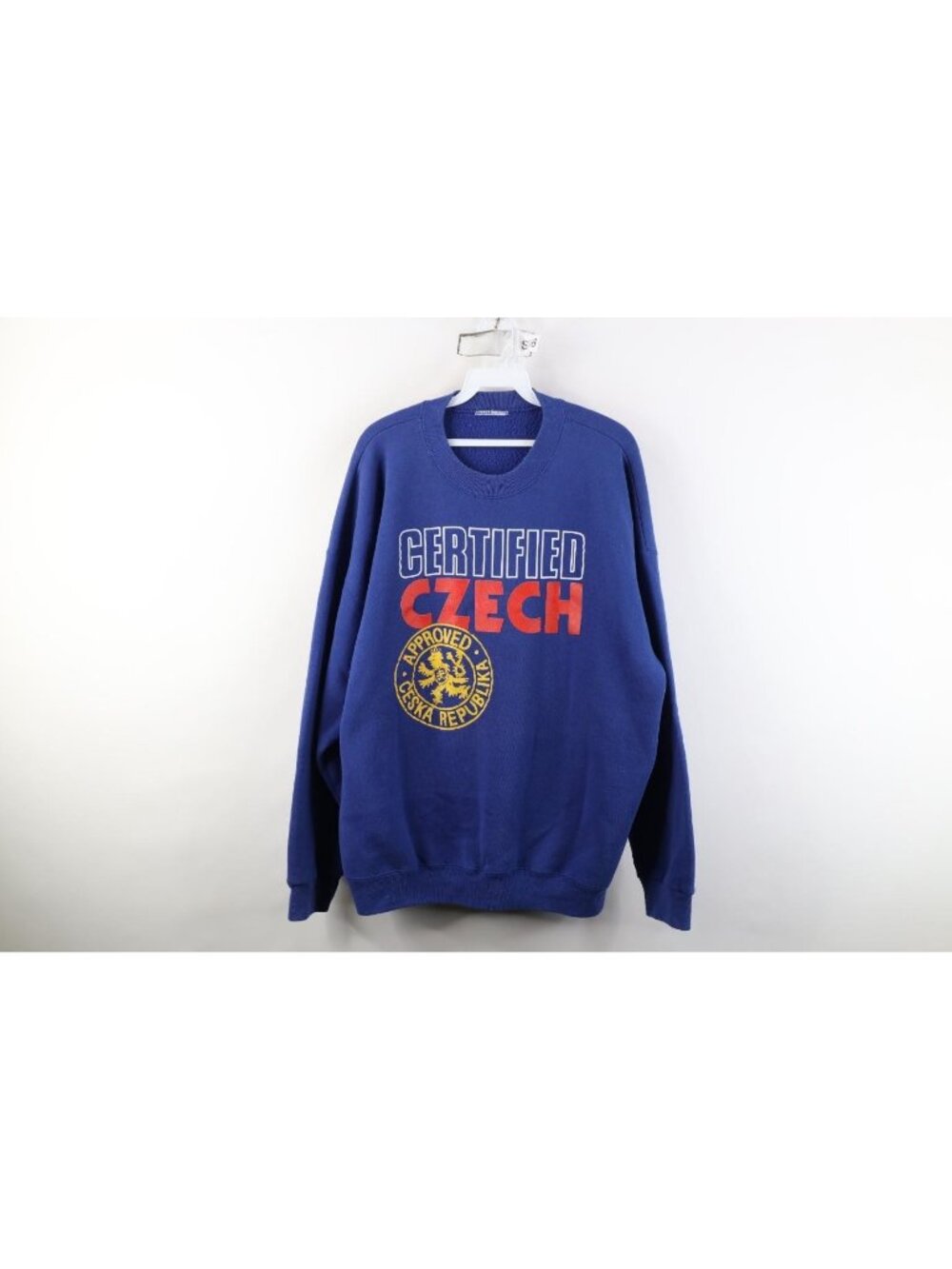 Vintage 90s Mens XL Faded Certified Czech Republic Crewneck Sweatshirt Blue